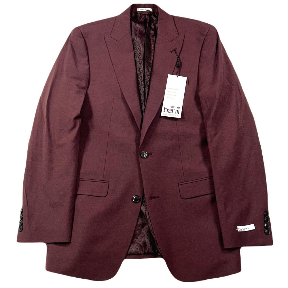 Bar III Slim-Fit Suit Jacket‎ Mens 38L 38 Burgundy Red Wool Stretch $425 NEW